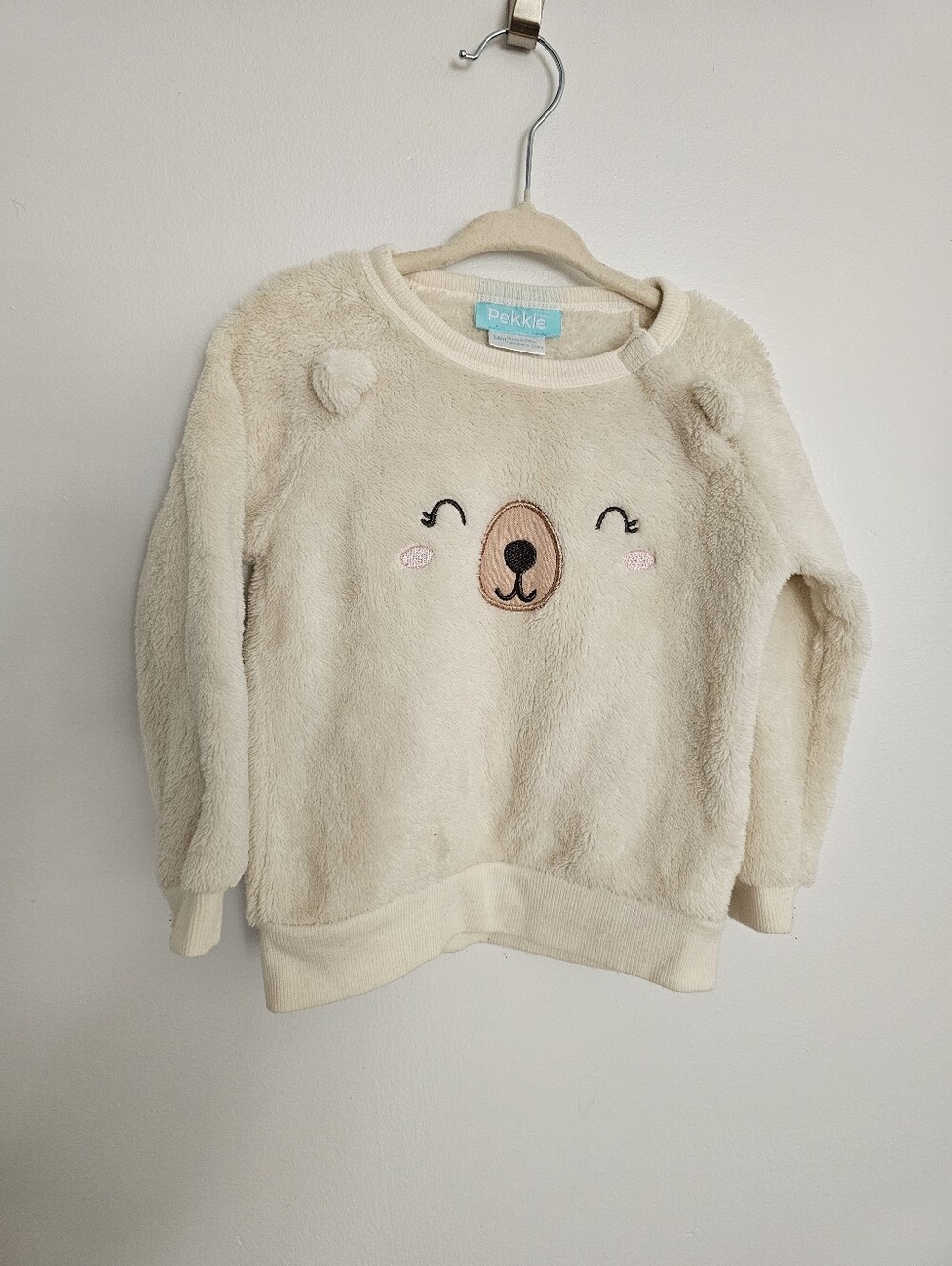 🧸4/20$ Pekkle 24M Baby Kids Cream Crewneck Fleece Sweatshirt Sweater Bear Face